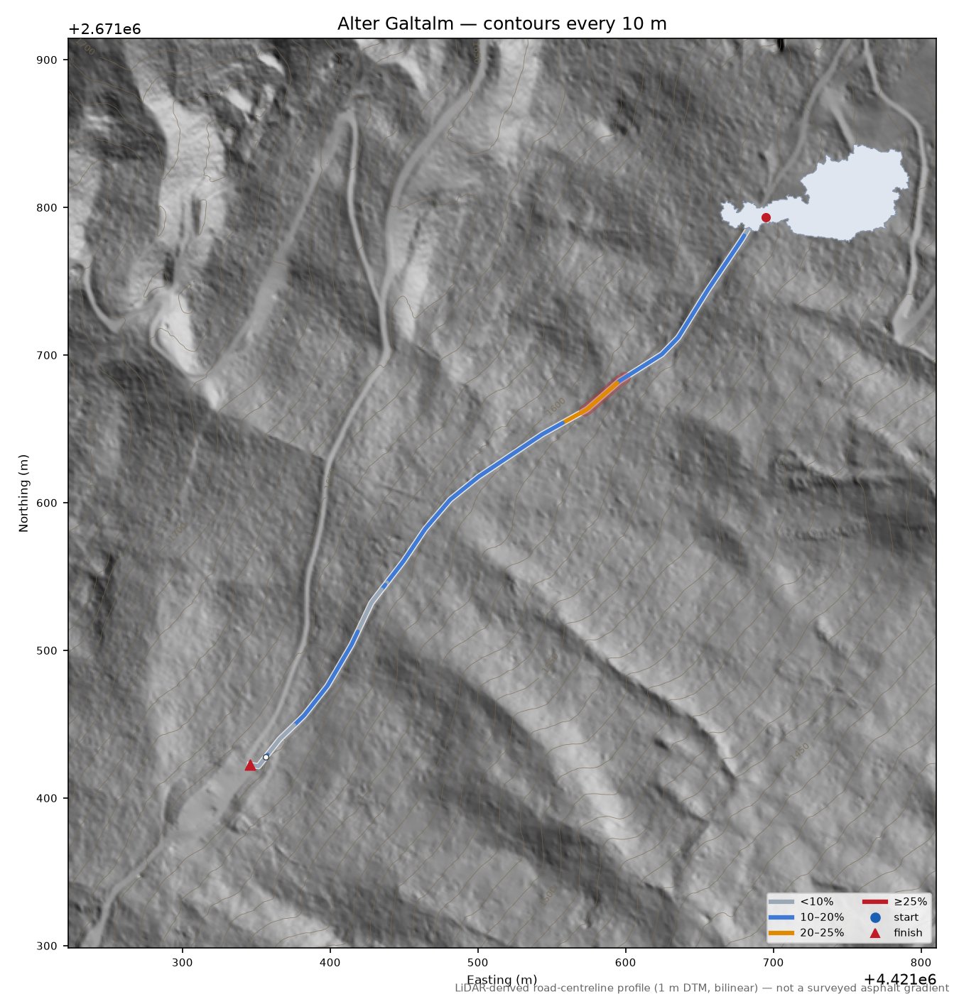 Alter Galtalm LiDAR hillshade map with contours