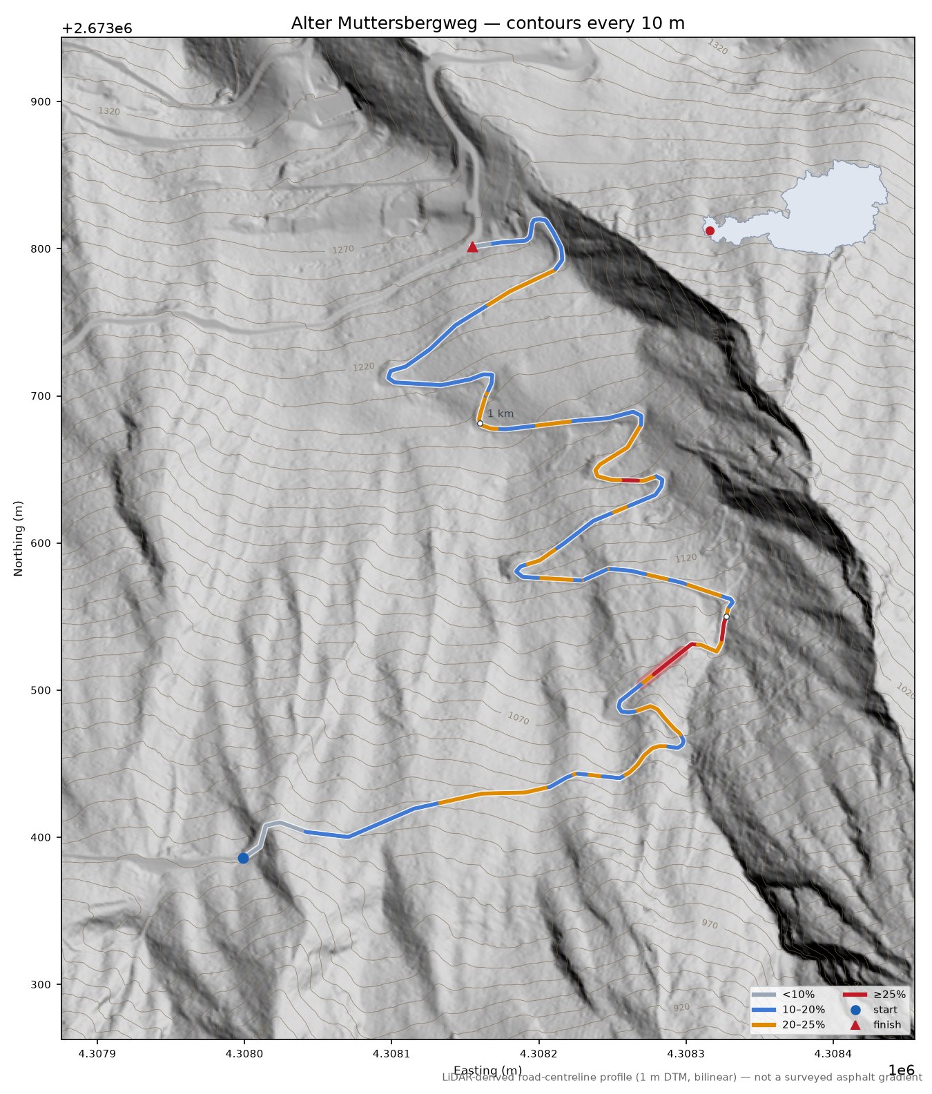 Alter Muttersbergweg LiDAR hillshade map with contours