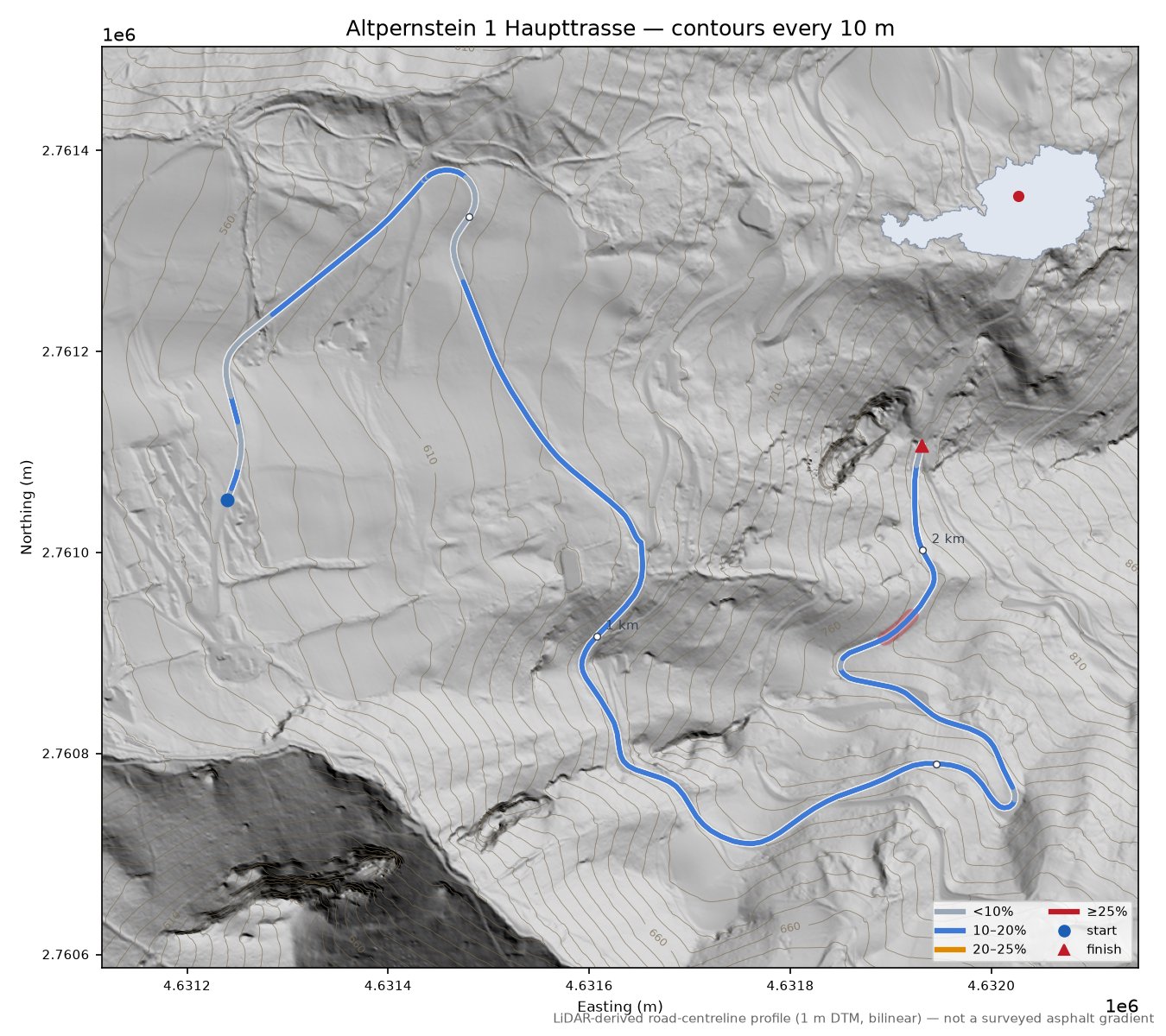 Altpernstein 1 Haupttrasse LiDAR hillshade map with contours