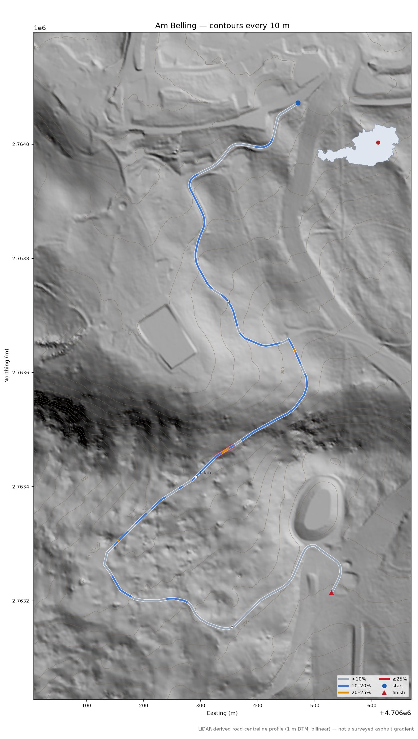 Am Belling LiDAR hillshade map with contours