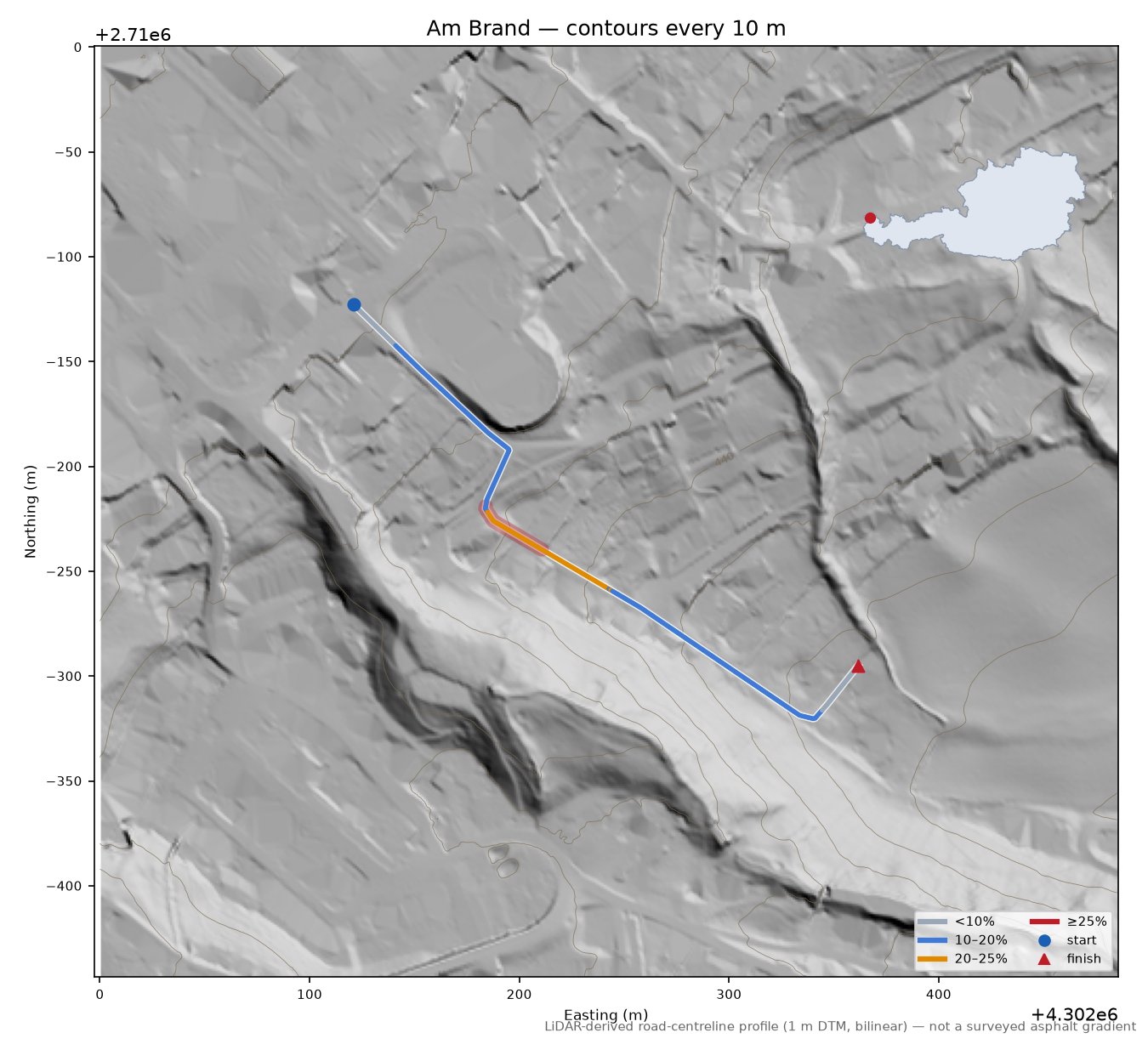 Am Brand LiDAR hillshade map with contours