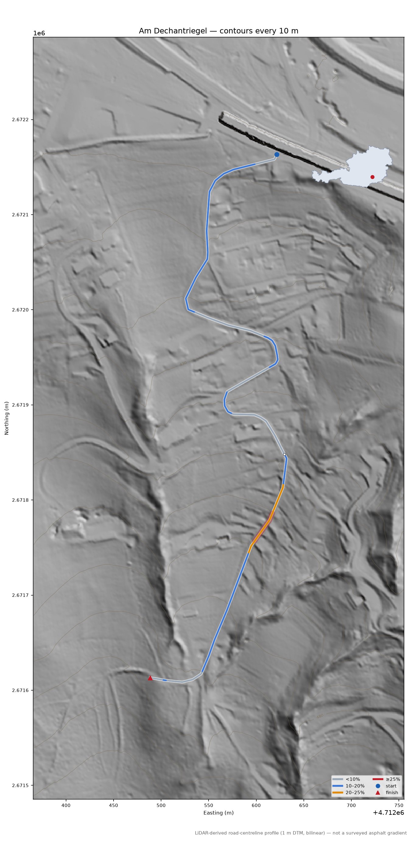 Am Dechantriegel LiDAR hillshade map with contours