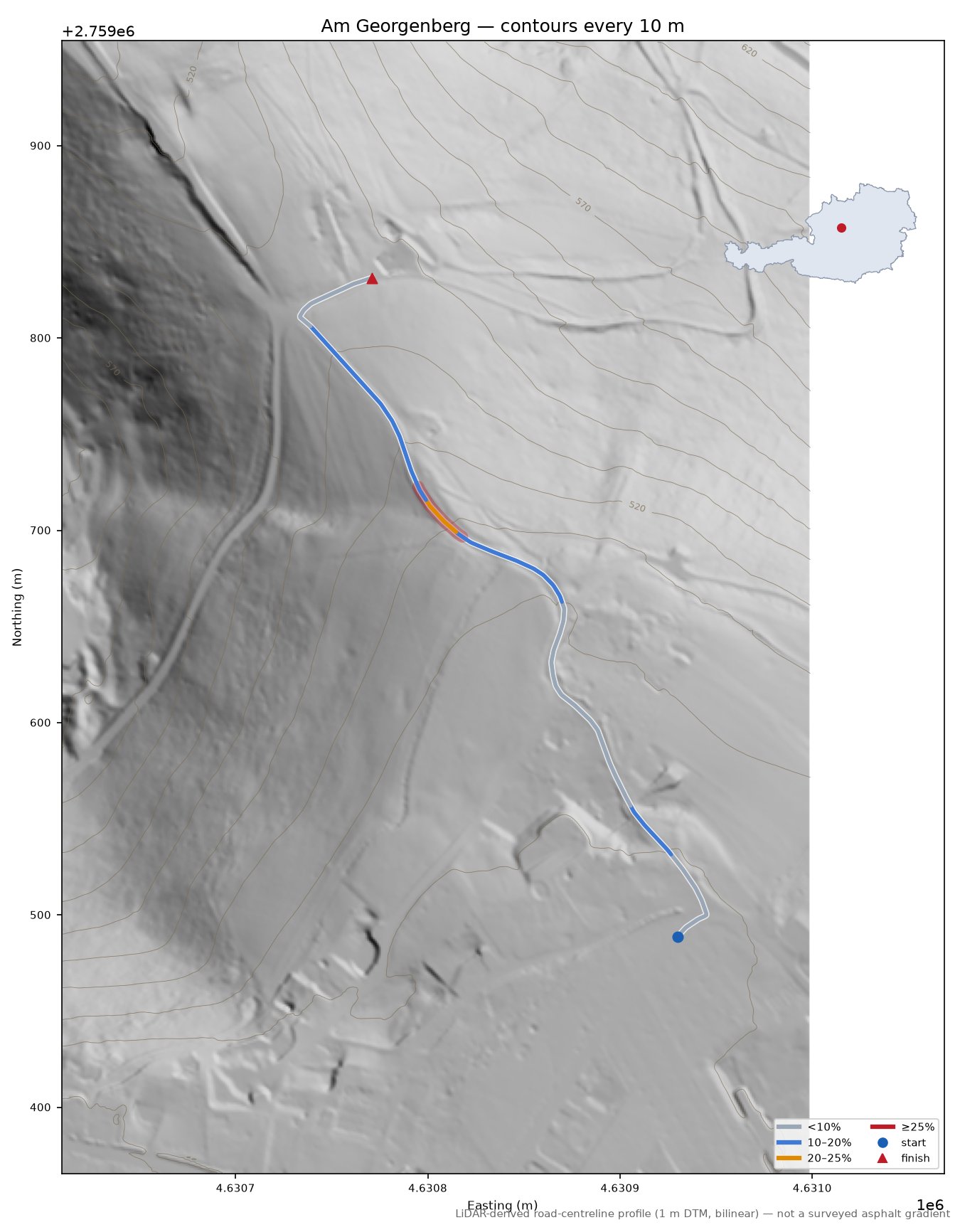 Am Georgenberg LiDAR hillshade map with contours
