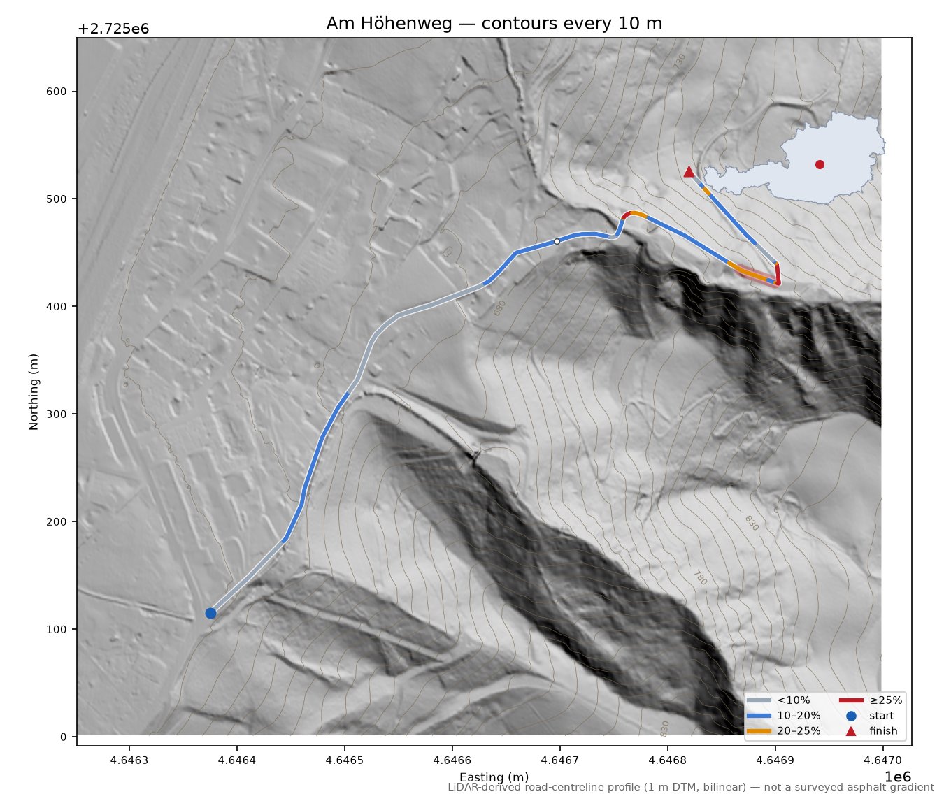 Am Höhenweg LiDAR hillshade map with contours