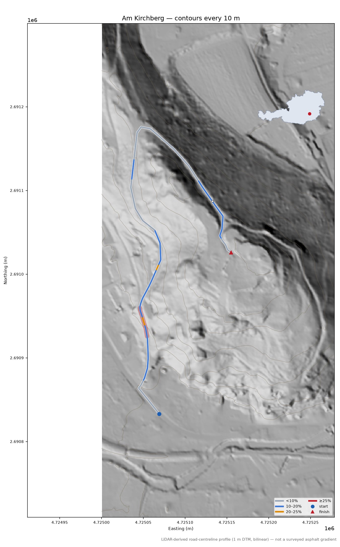Am Kirchberg LiDAR hillshade map with contours