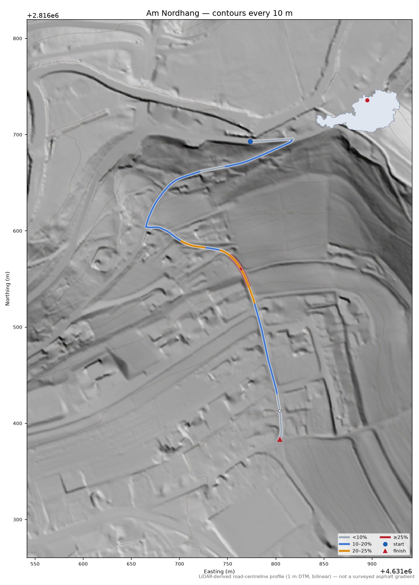 Am Nordhang LiDAR hillshade map with contours