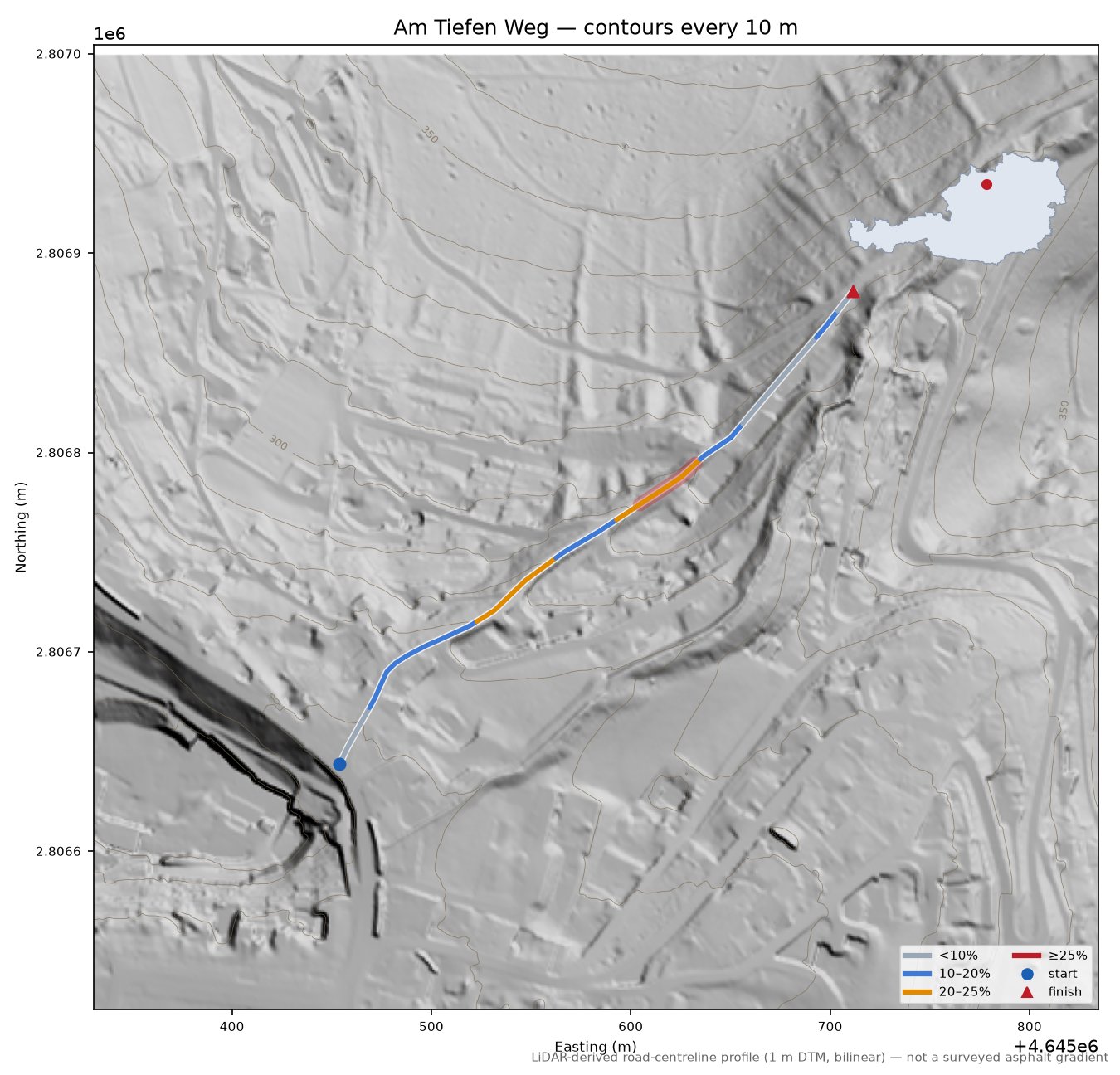 Am Tiefen Weg LiDAR hillshade map with contours
