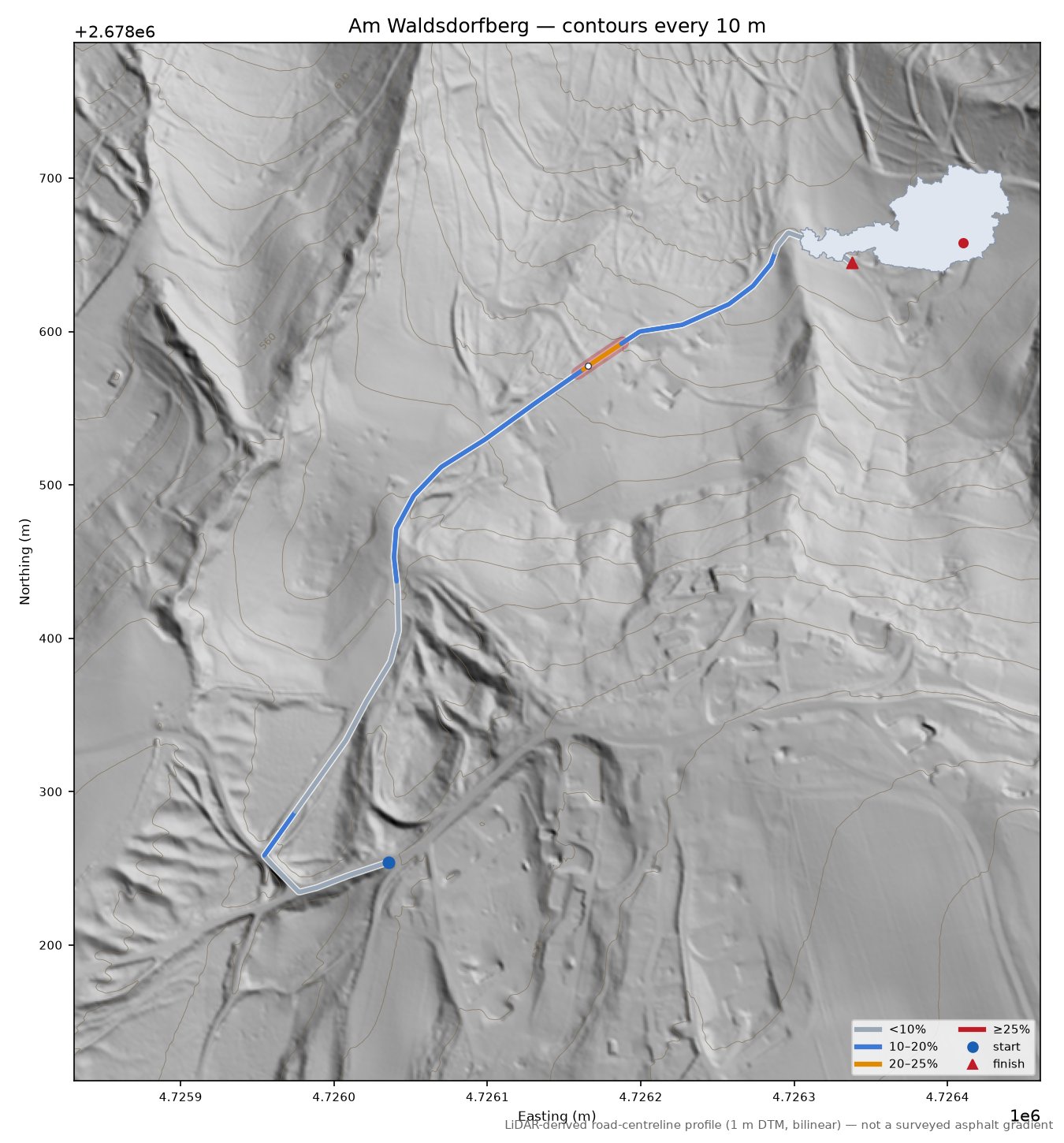Am Waldsdorfberg LiDAR hillshade map with contours