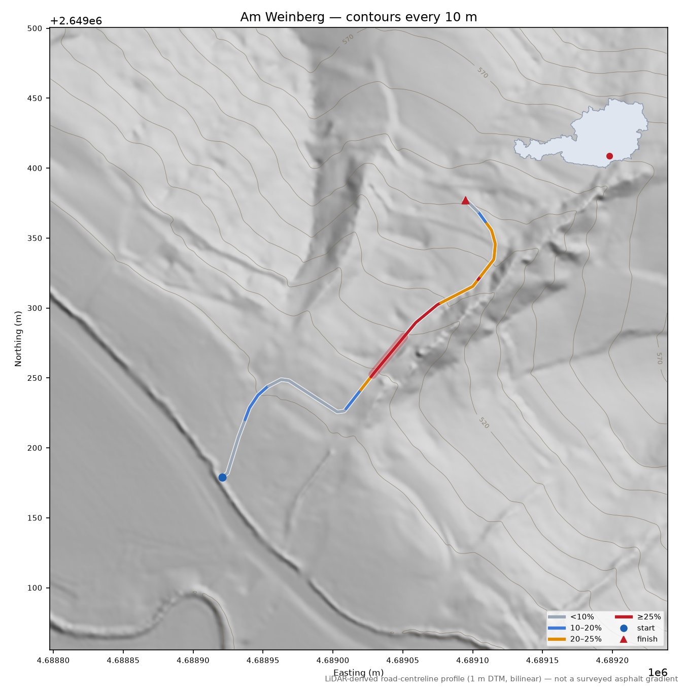 Am Weinberg LiDAR hillshade map with contours