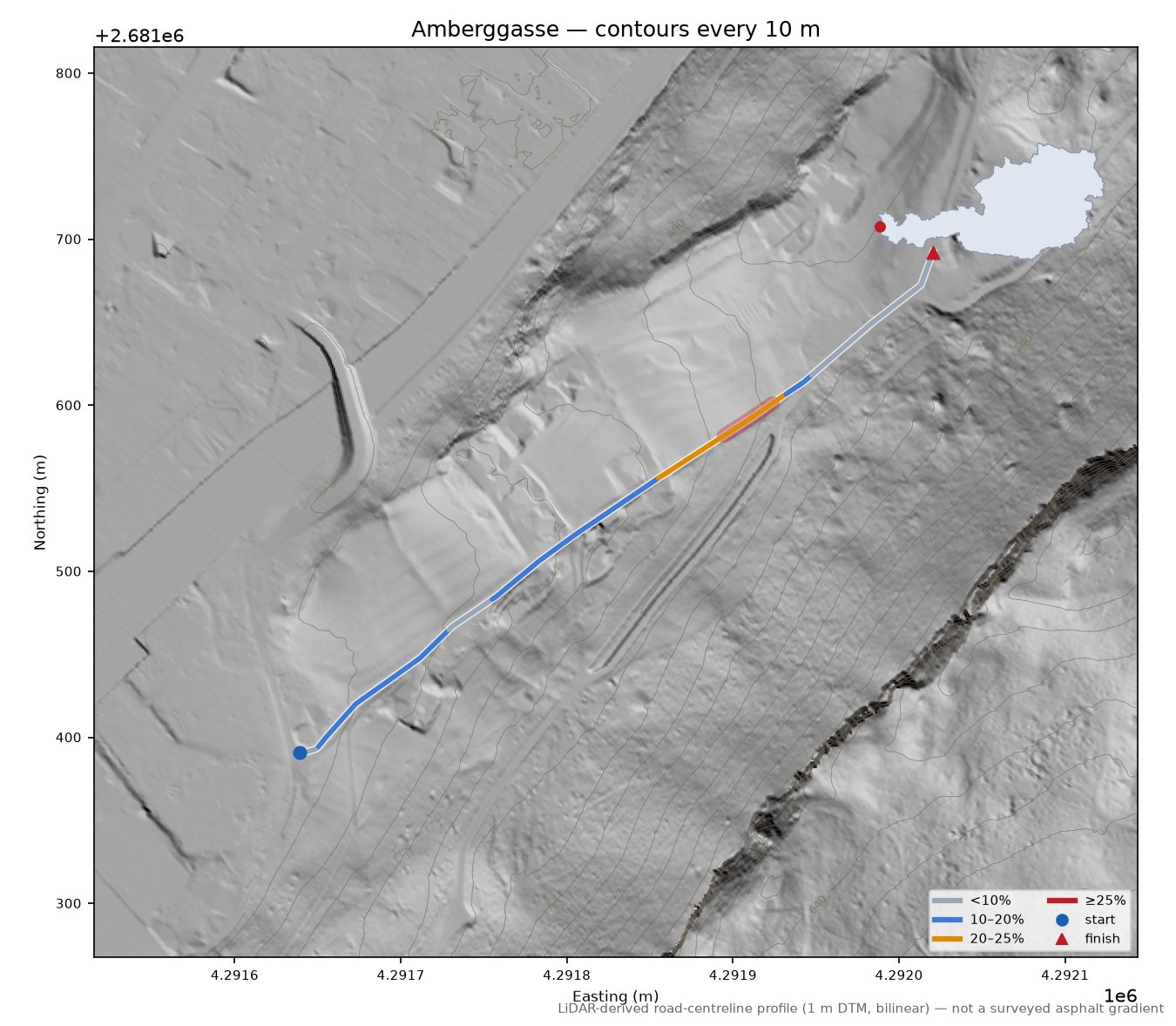 Amberggasse LiDAR hillshade map with contours