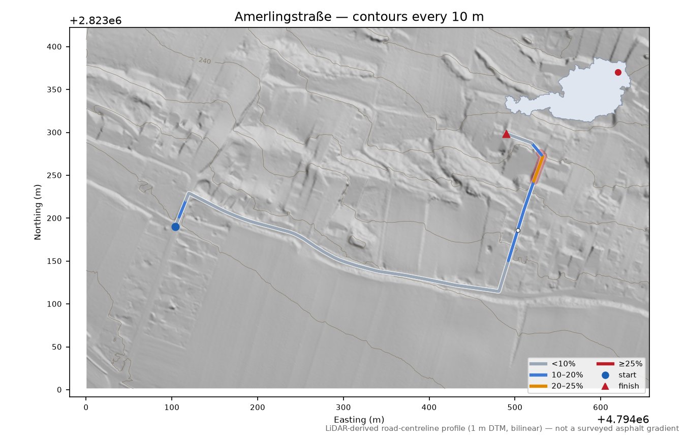 Amerlingstraße LiDAR hillshade map with contours