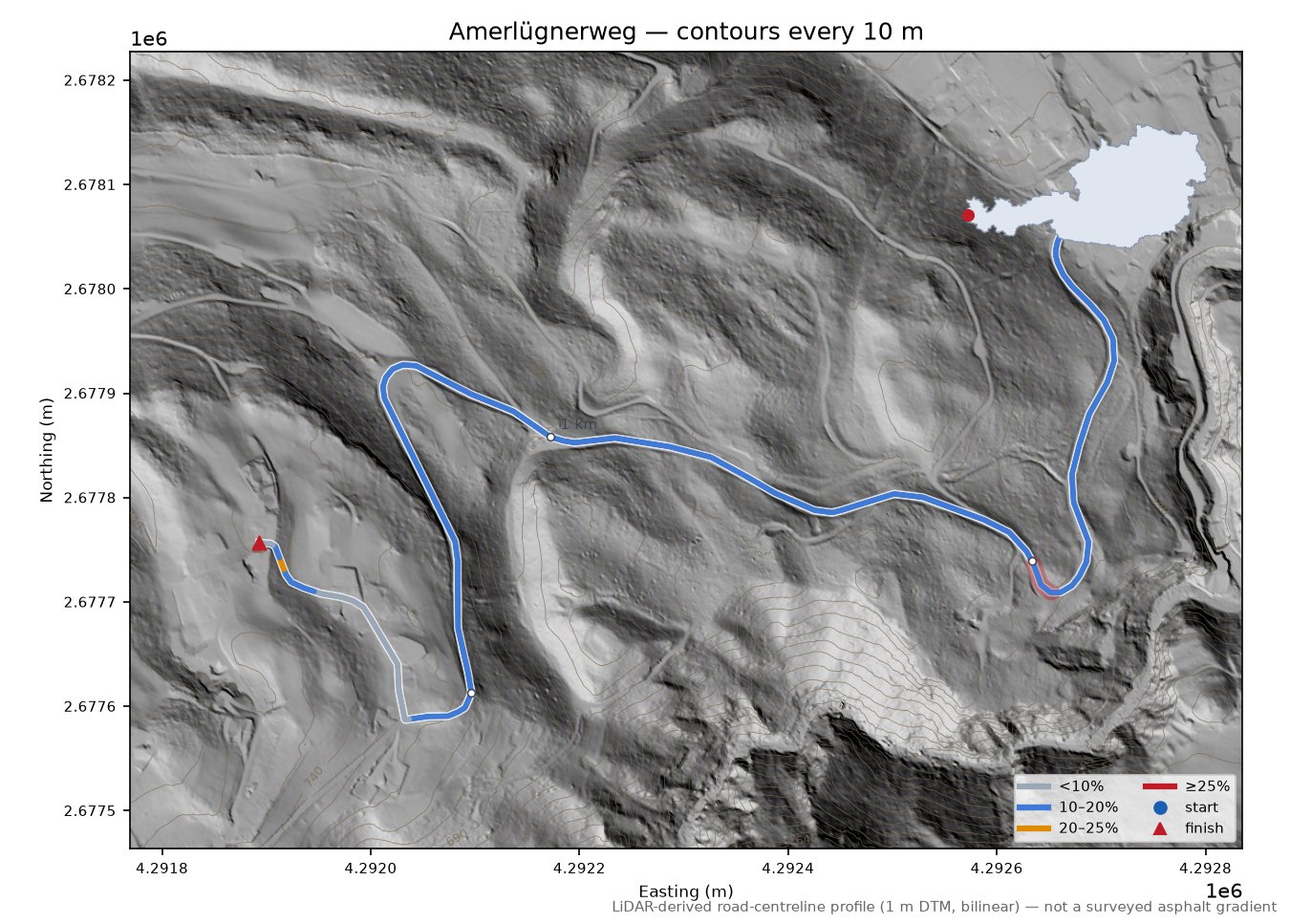 Amerlügnerweg LiDAR hillshade map with contours