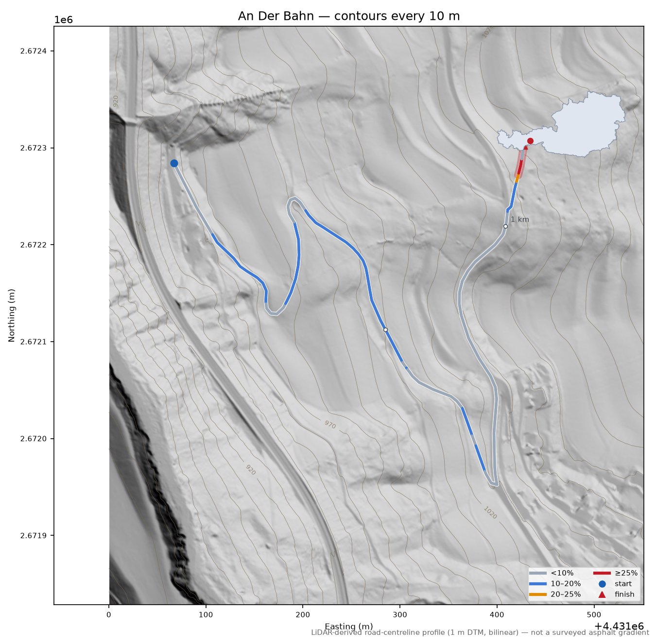 An Der Bahn LiDAR hillshade map with contours