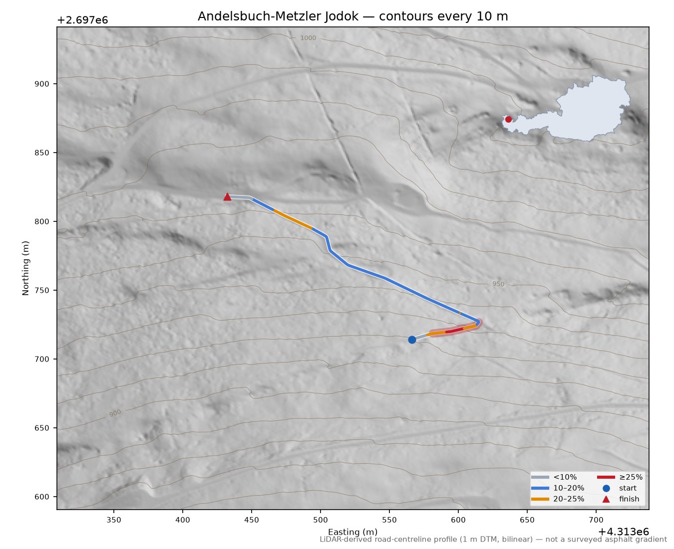 Andelsbuch-Metzler Jodok LiDAR hillshade map with contours