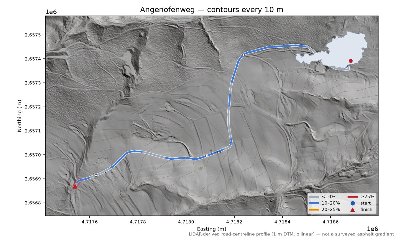 Angenofenweg LiDAR hillshade map with contours