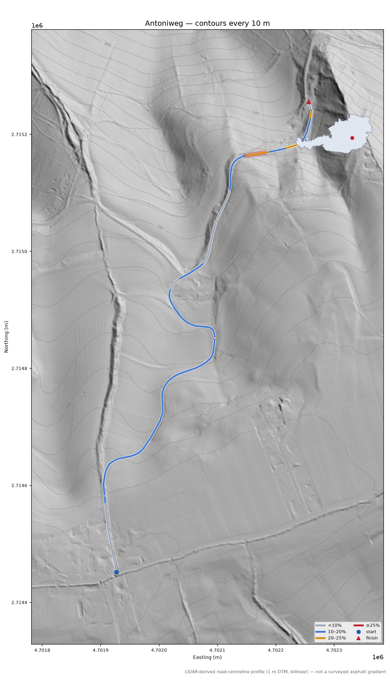 Antoniweg LiDAR hillshade map with contours