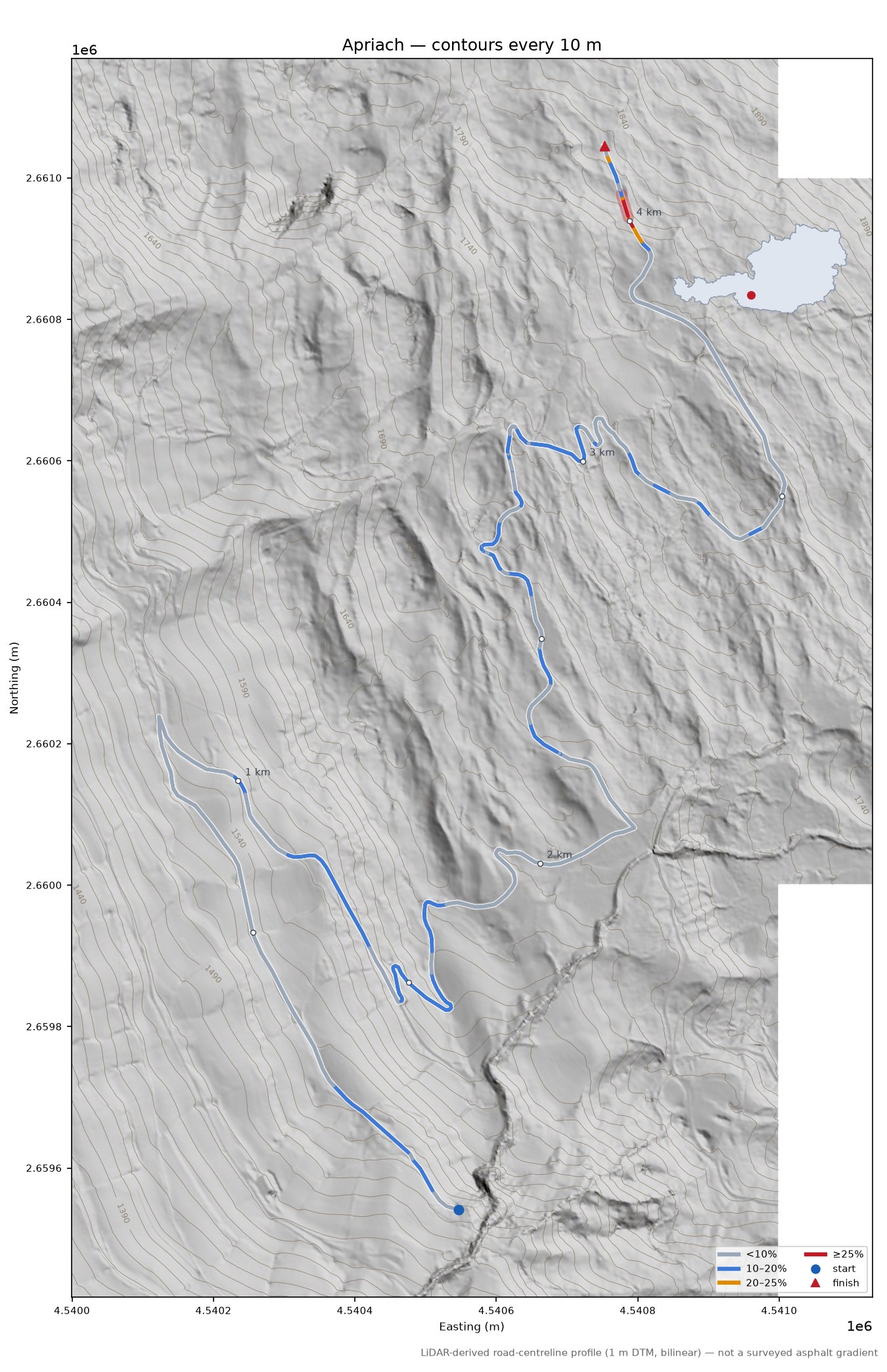 Apriach LiDAR hillshade map with contours