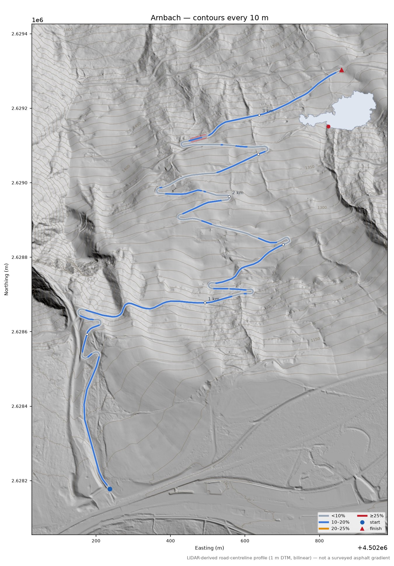 Arnbach LiDAR hillshade map with contours