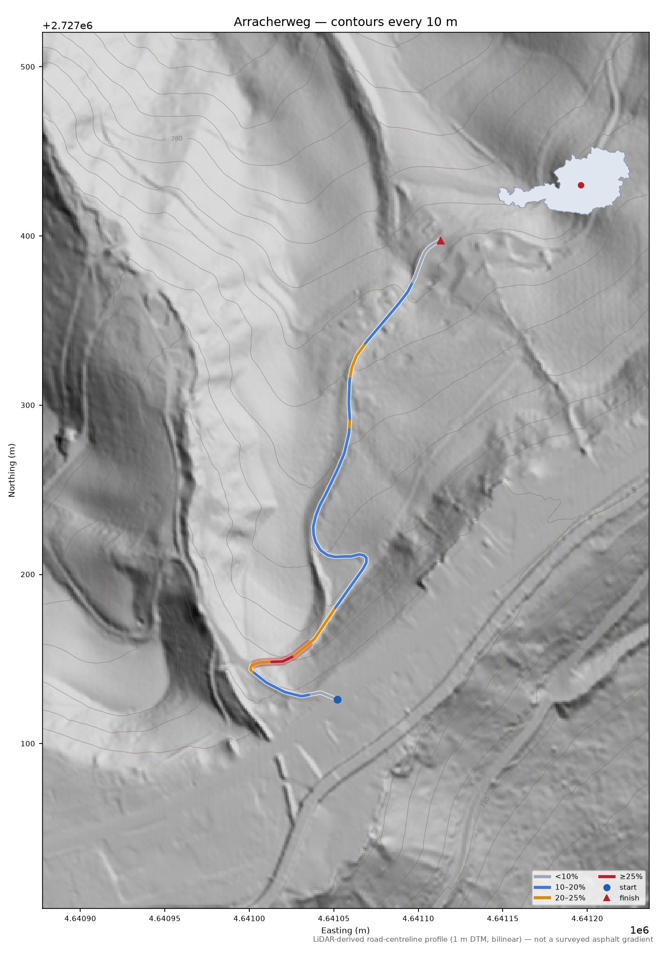 Arracherweg LiDAR hillshade map with contours