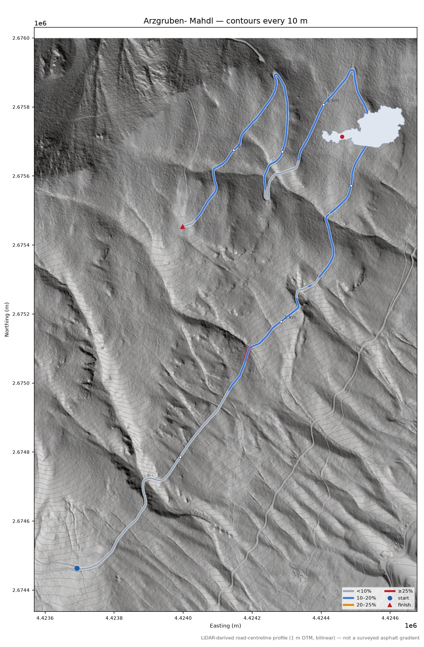 Arzgruben- Mahdl LiDAR hillshade map with contours