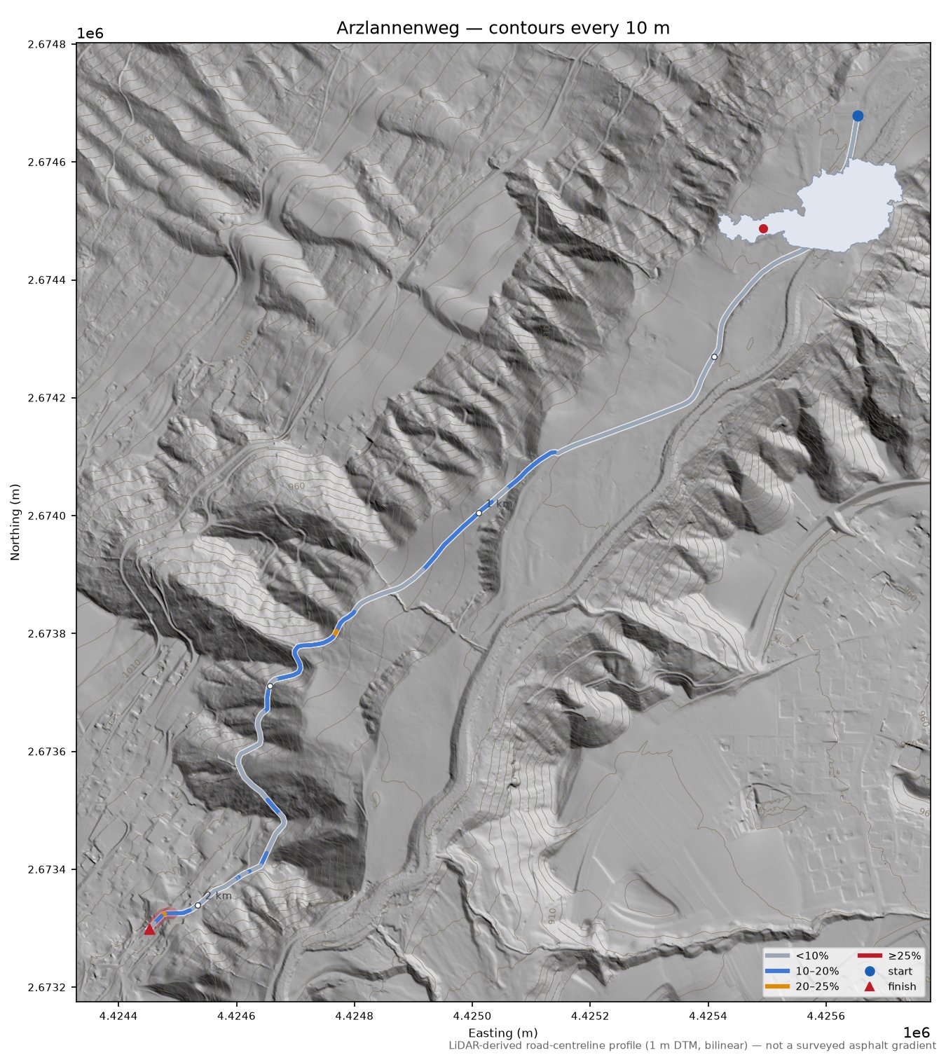 Arzlannenweg LiDAR hillshade map with contours