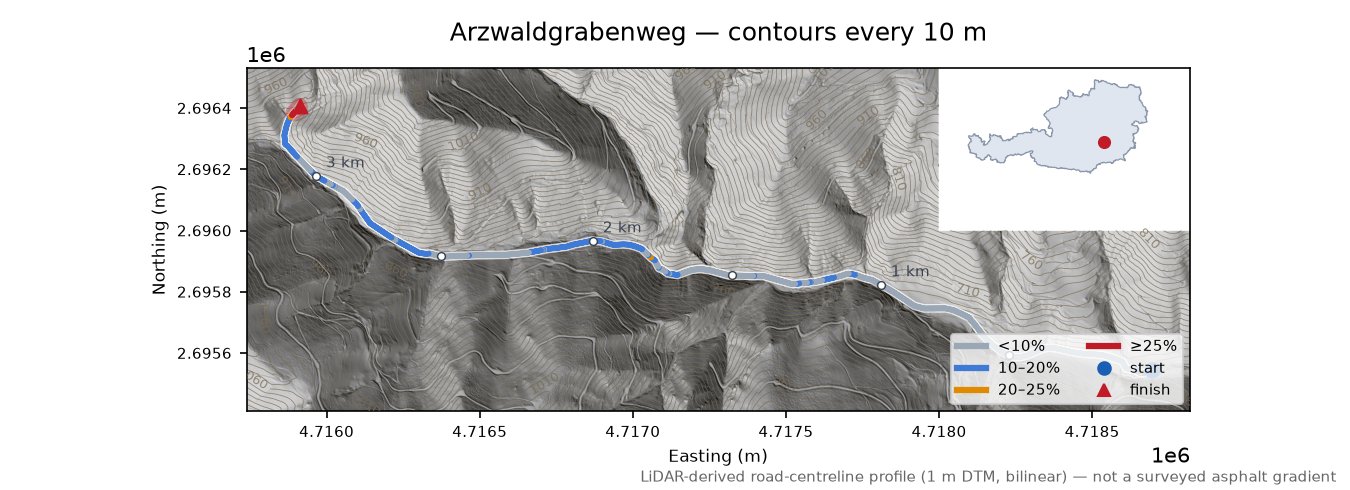Arzwaldgrabenweg LiDAR hillshade map with contours