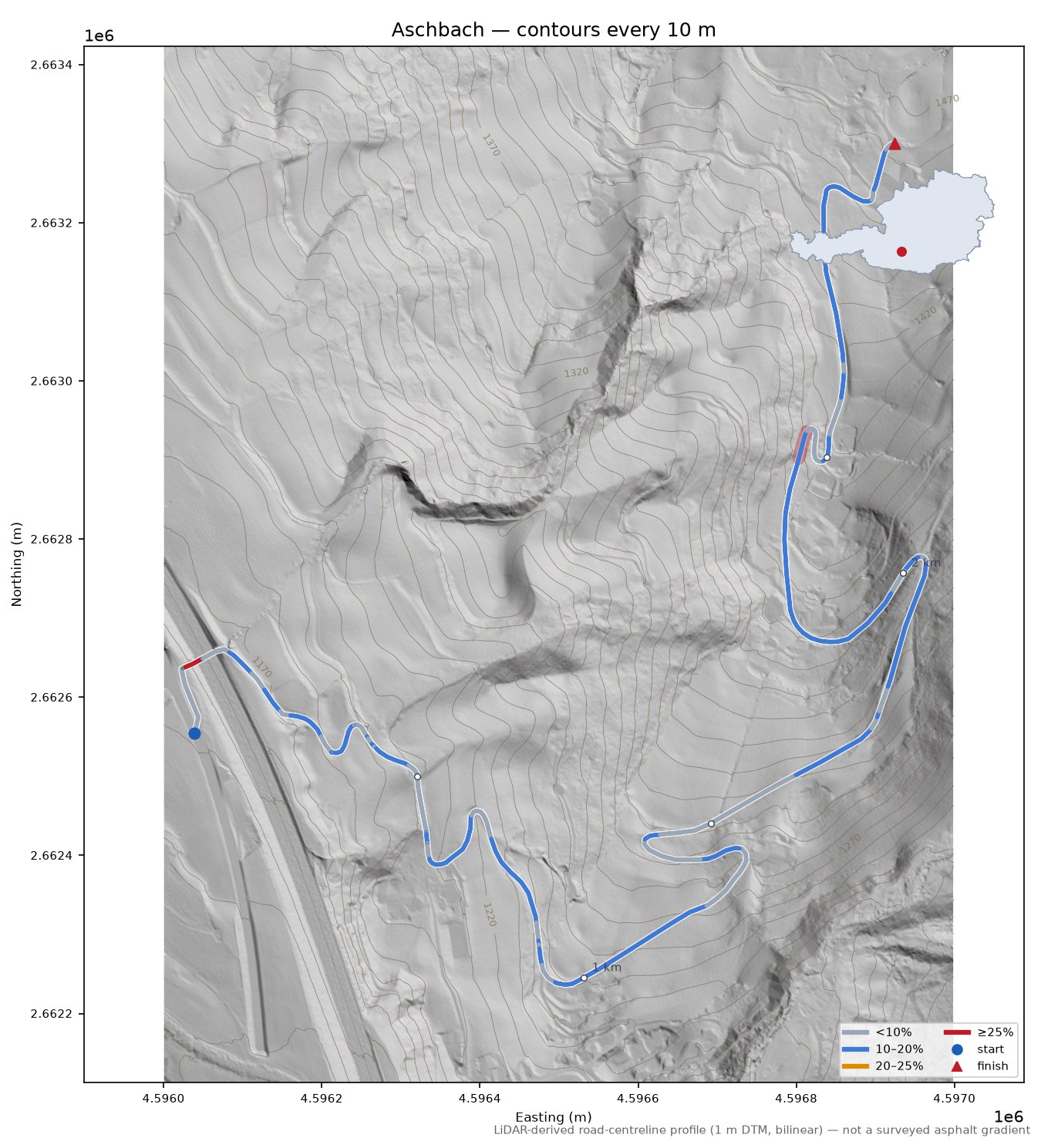 Aschbach LiDAR hillshade map with contours