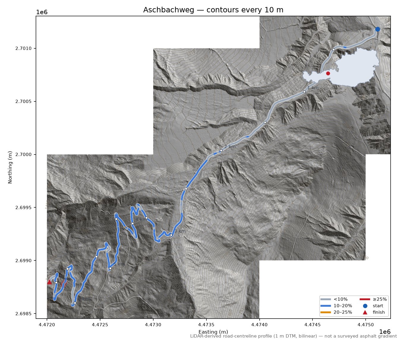 Aschbachweg LiDAR hillshade map with contours