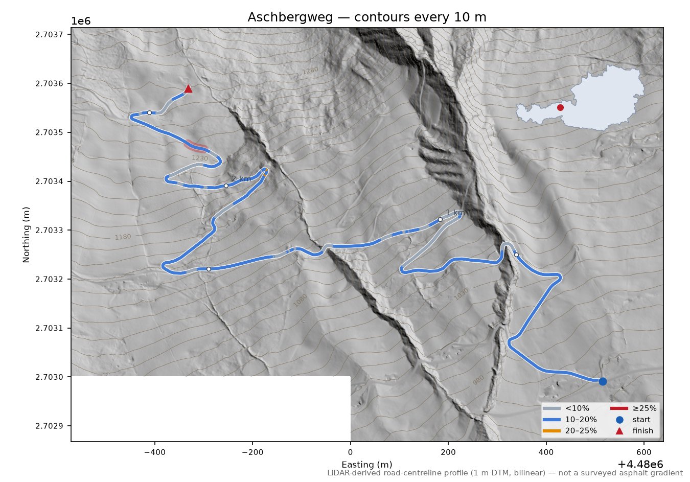 Aschbergweg LiDAR hillshade map with contours