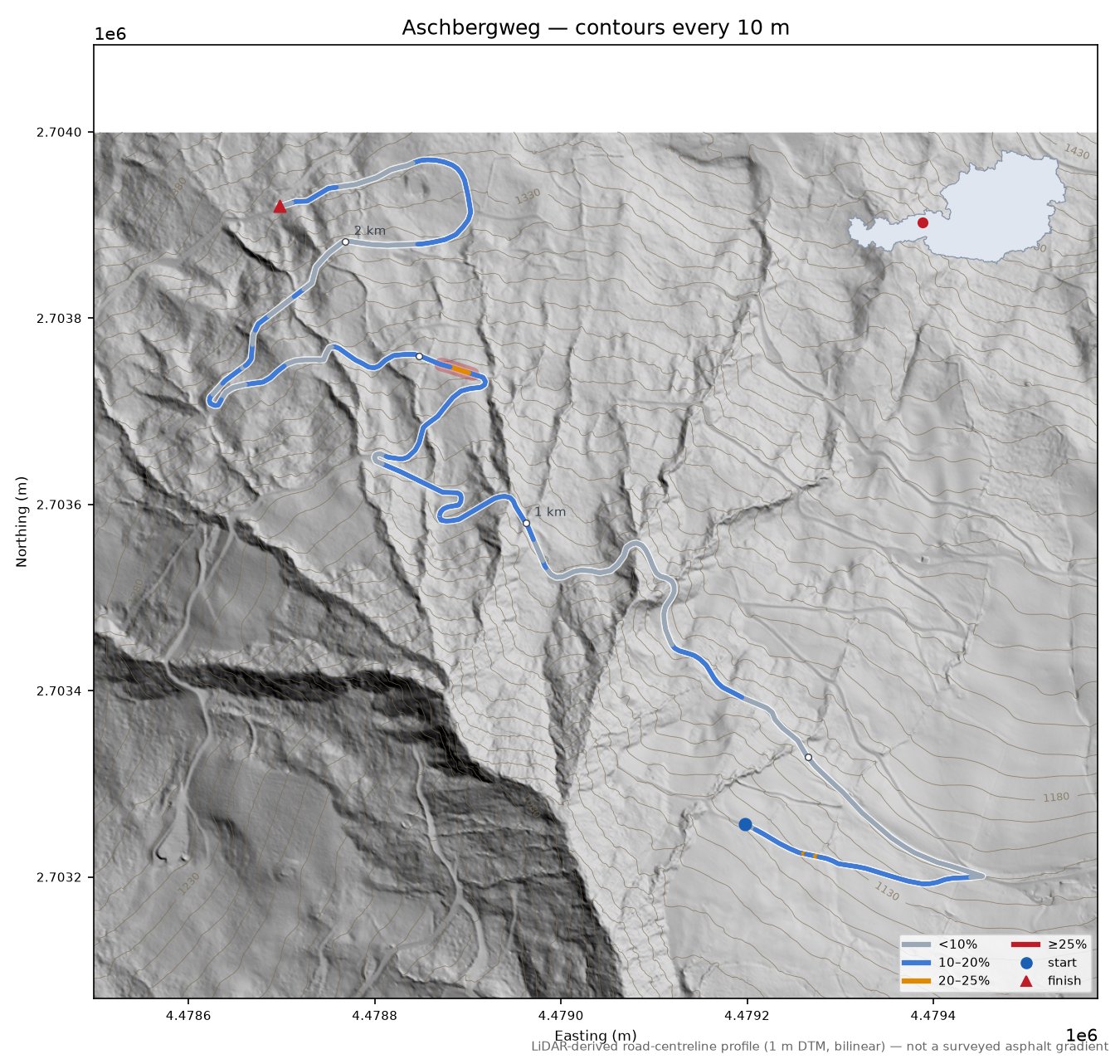 Aschbergweg LiDAR hillshade map with contours
