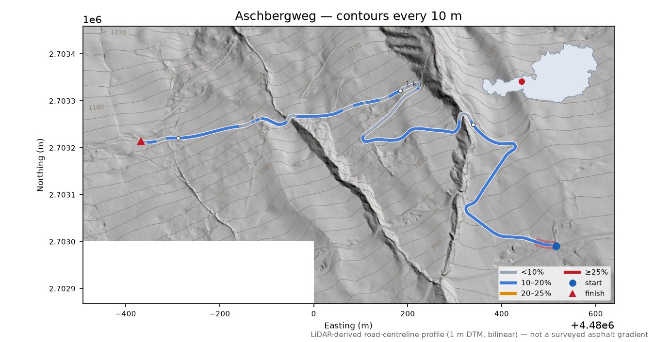 Aschbergweg LiDAR hillshade map with contours