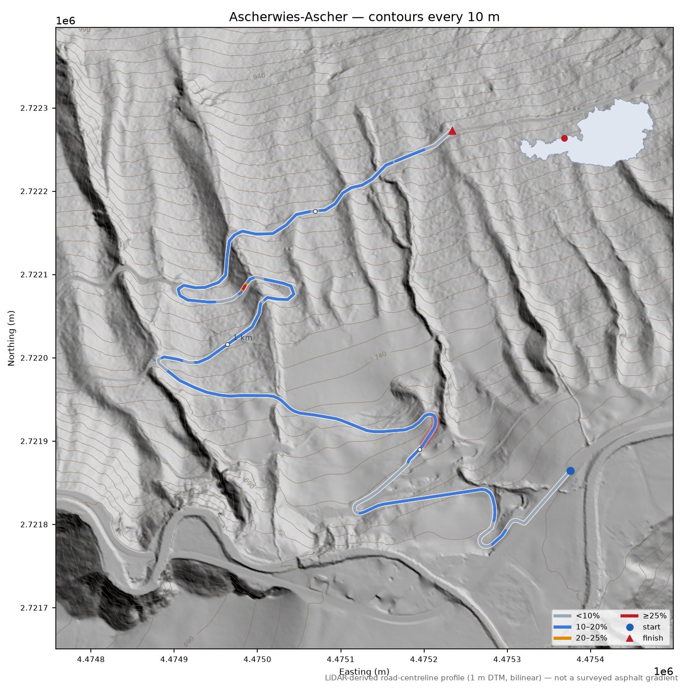 Ascherwies-Ascher LiDAR hillshade map with contours
