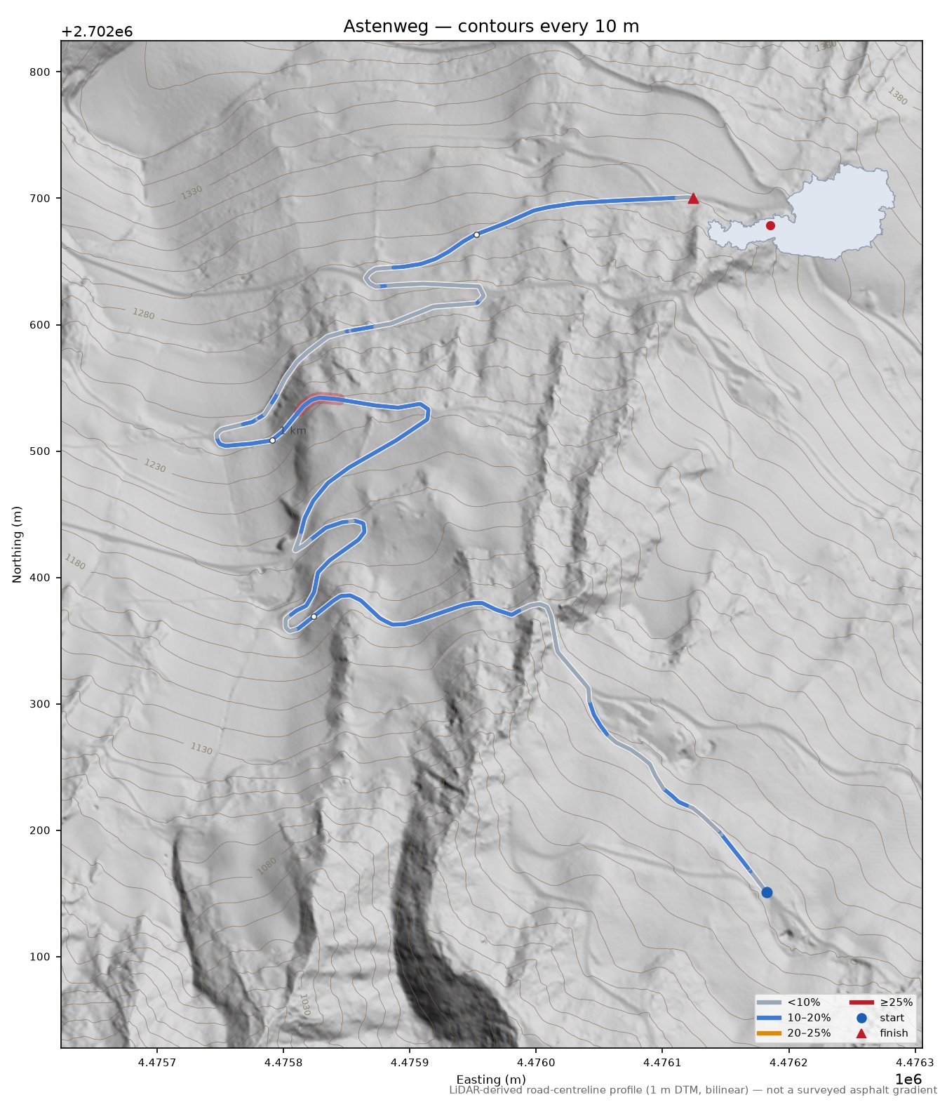 Astenweg LiDAR hillshade map with contours