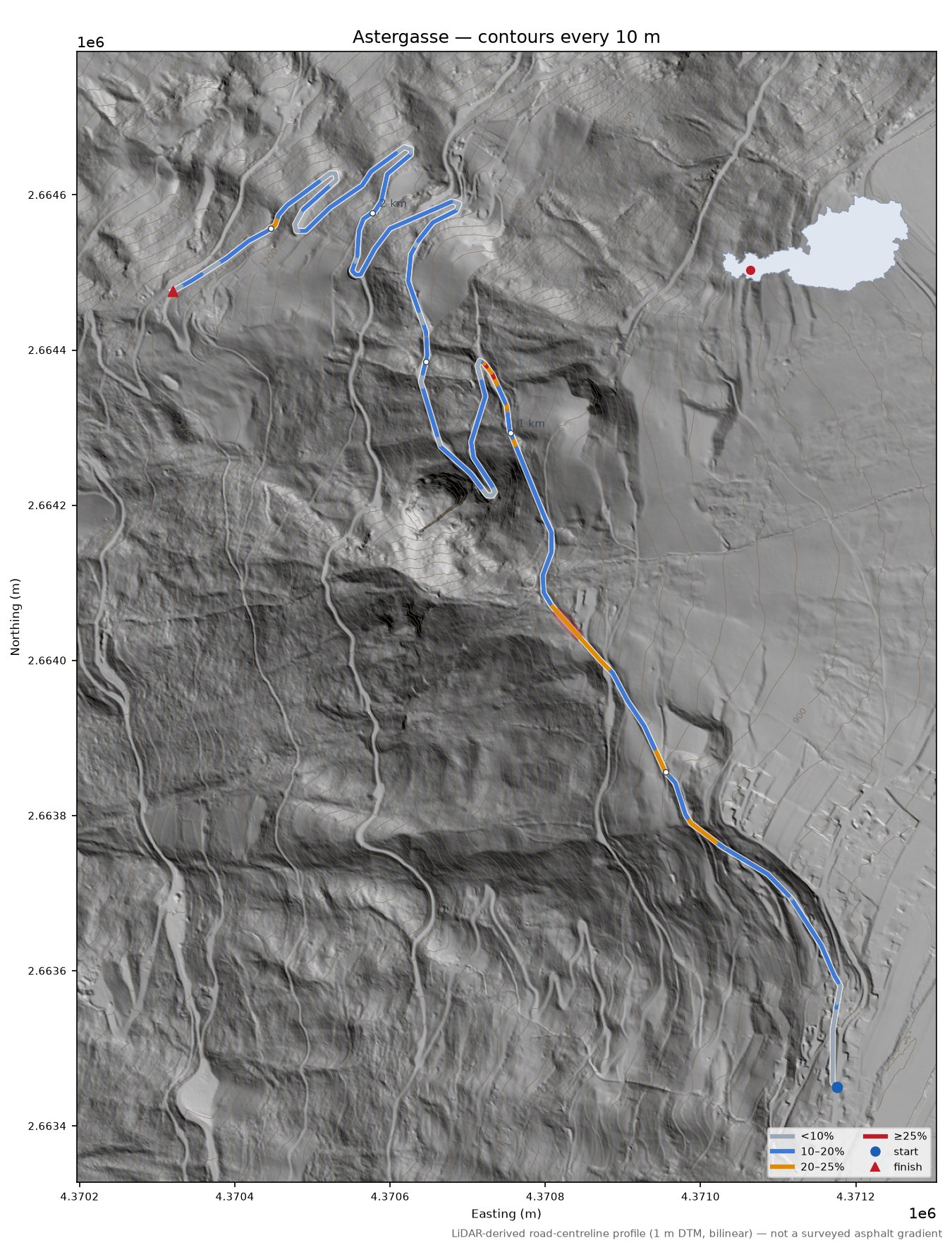 Astergasse LiDAR hillshade map with contours