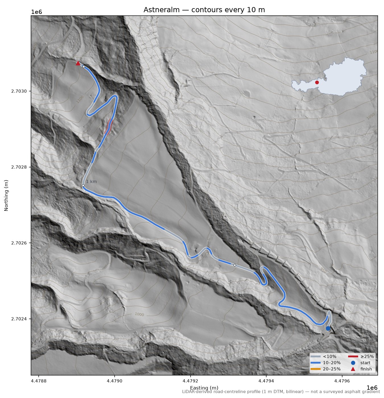 Astneralm LiDAR hillshade map with contours