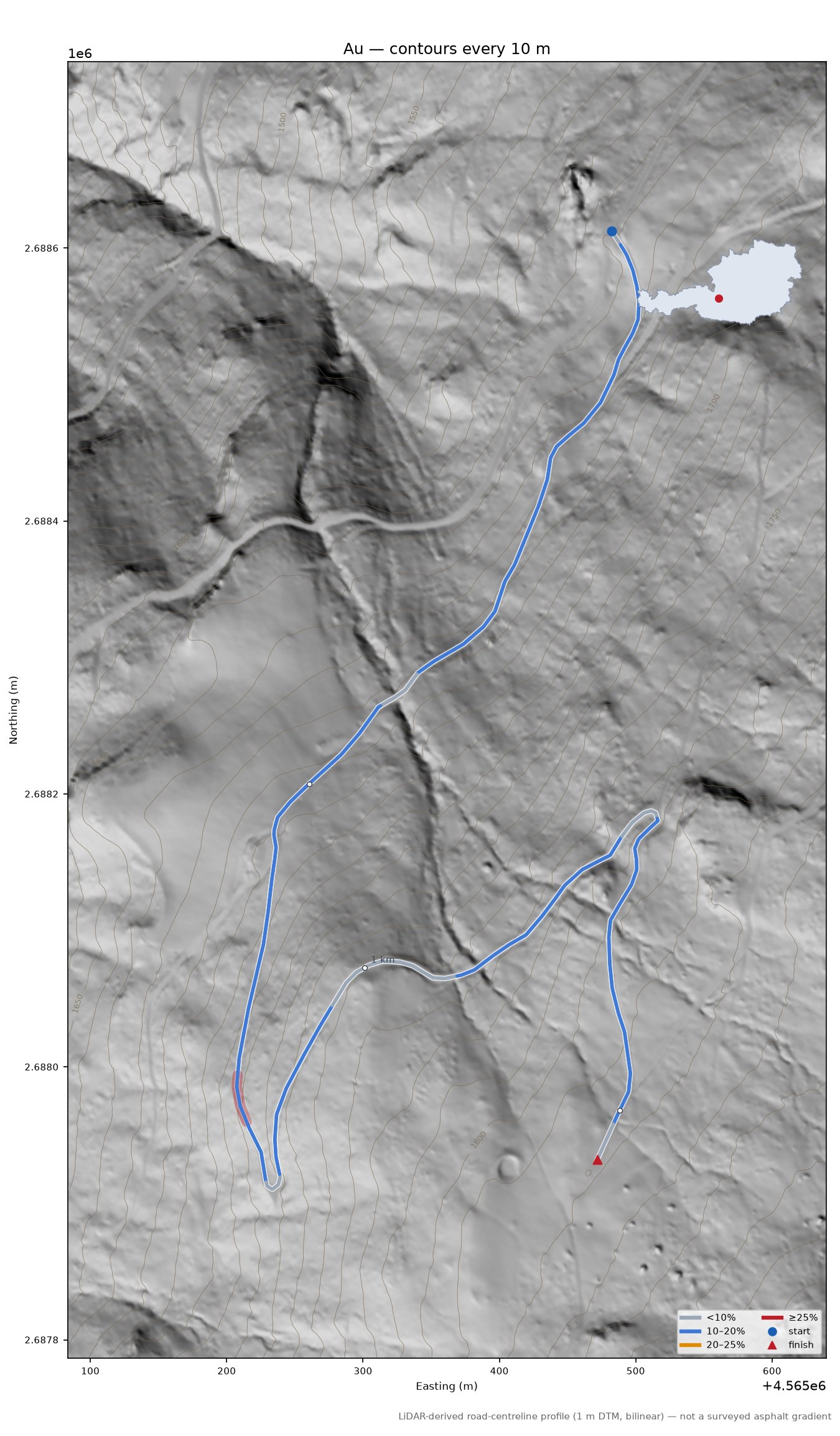 Au LiDAR hillshade map with contours
