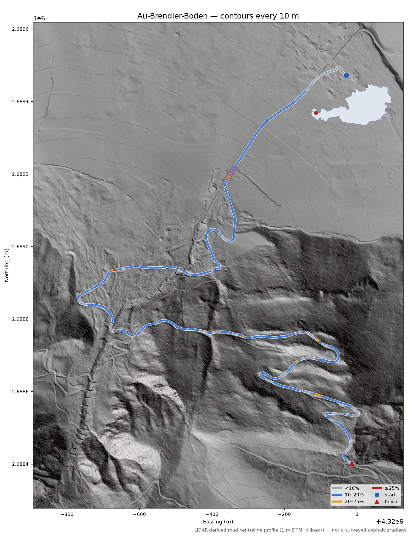 Au-Brendler-Boden LiDAR hillshade map with contours