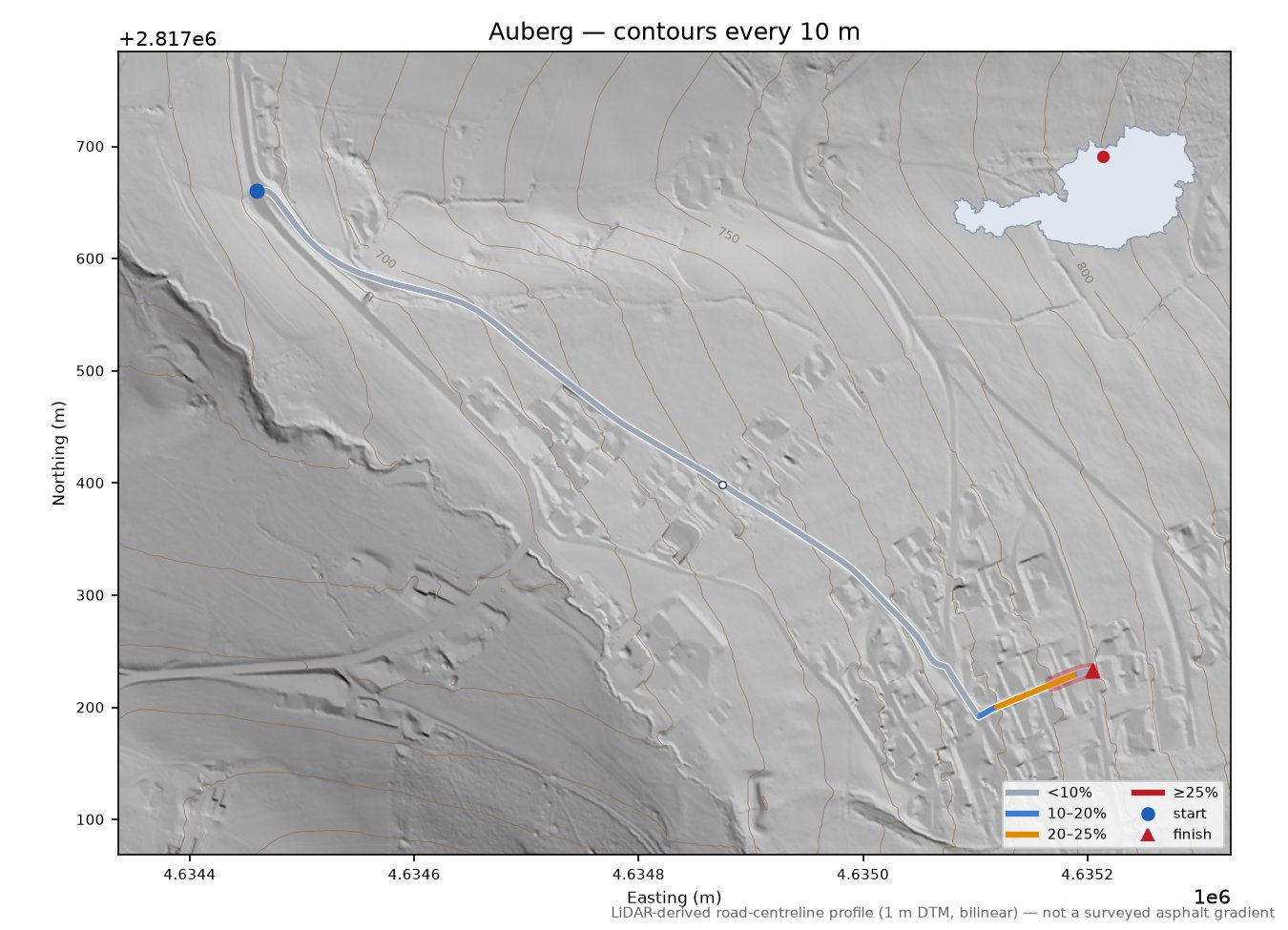 Auberg LiDAR hillshade map with contours