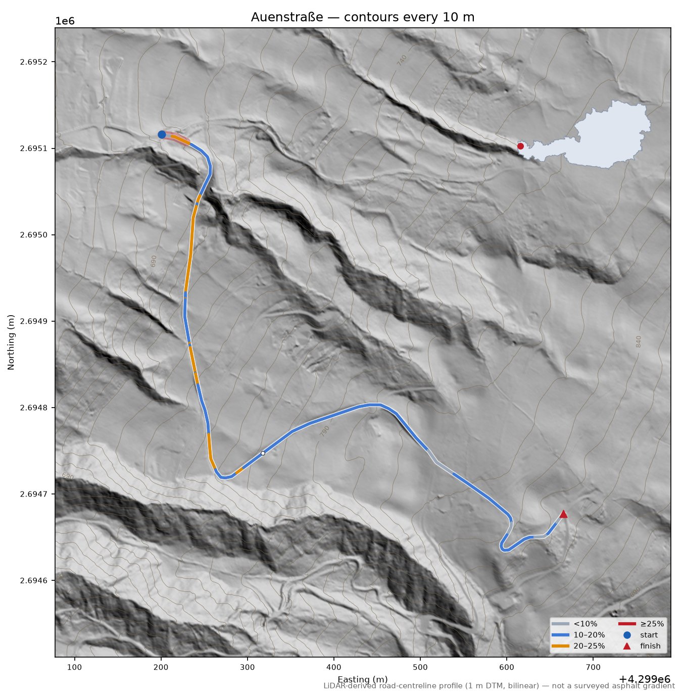 Auenstraße LiDAR hillshade map with contours