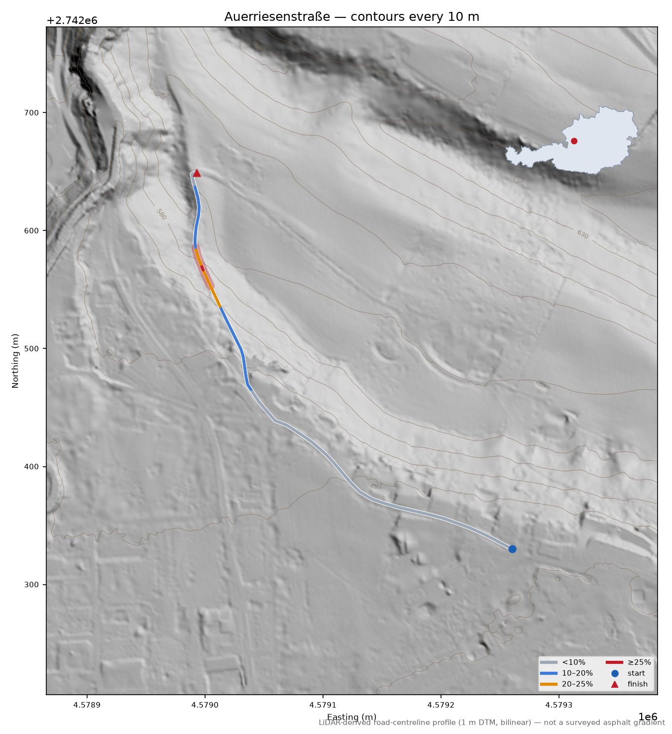 Auerriesenstraße LiDAR hillshade map with contours