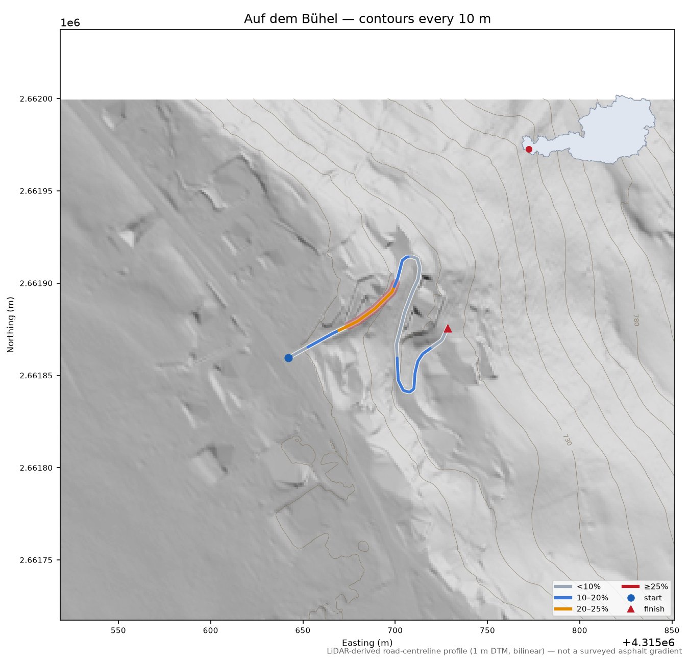 Auf dem Bühel LiDAR hillshade map with contours