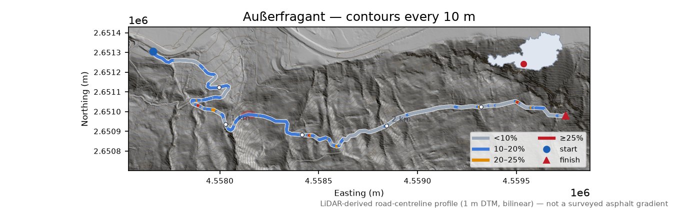 Außerfragant LiDAR hillshade map with contours