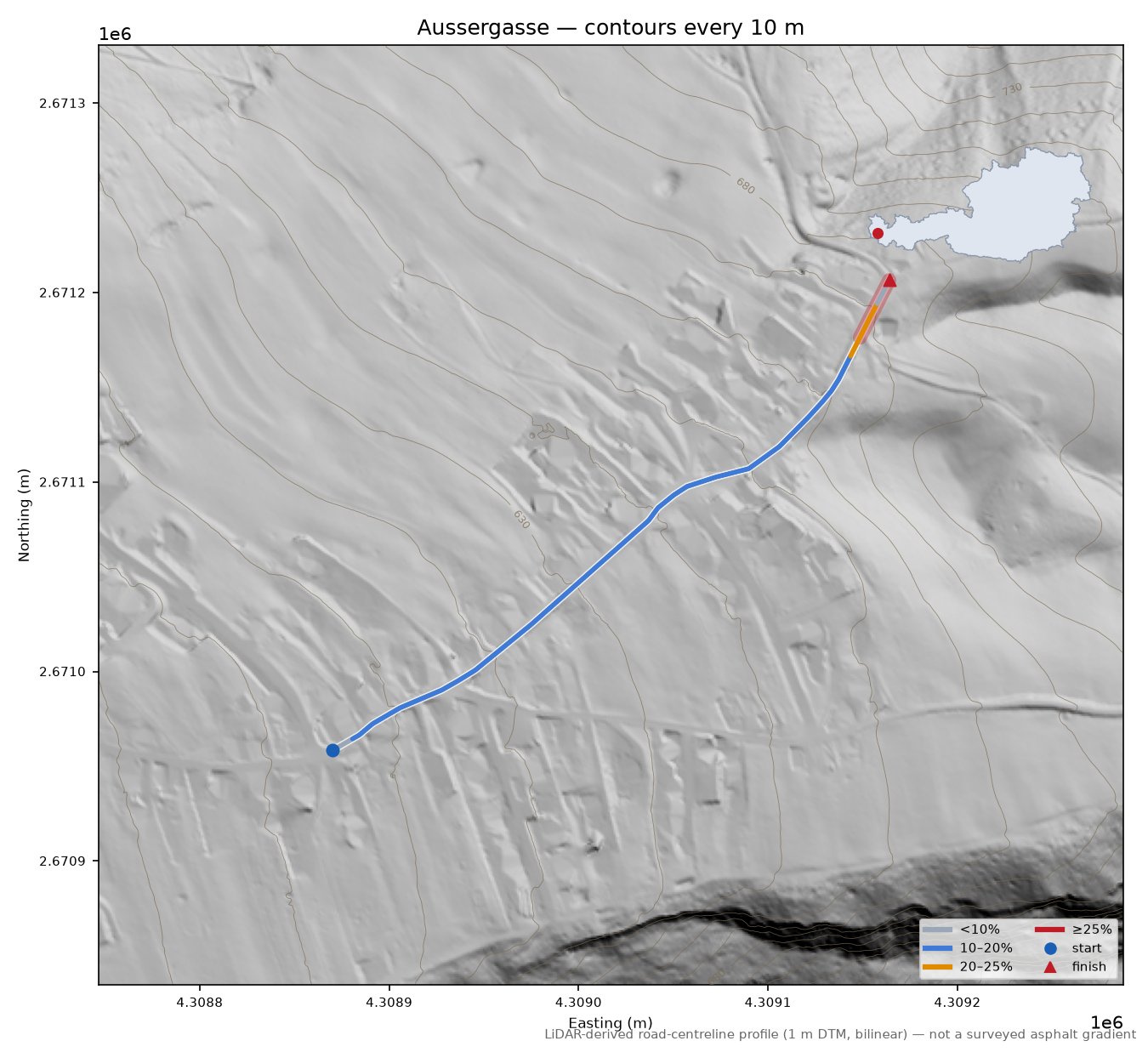 Aussergasse LiDAR hillshade map with contours