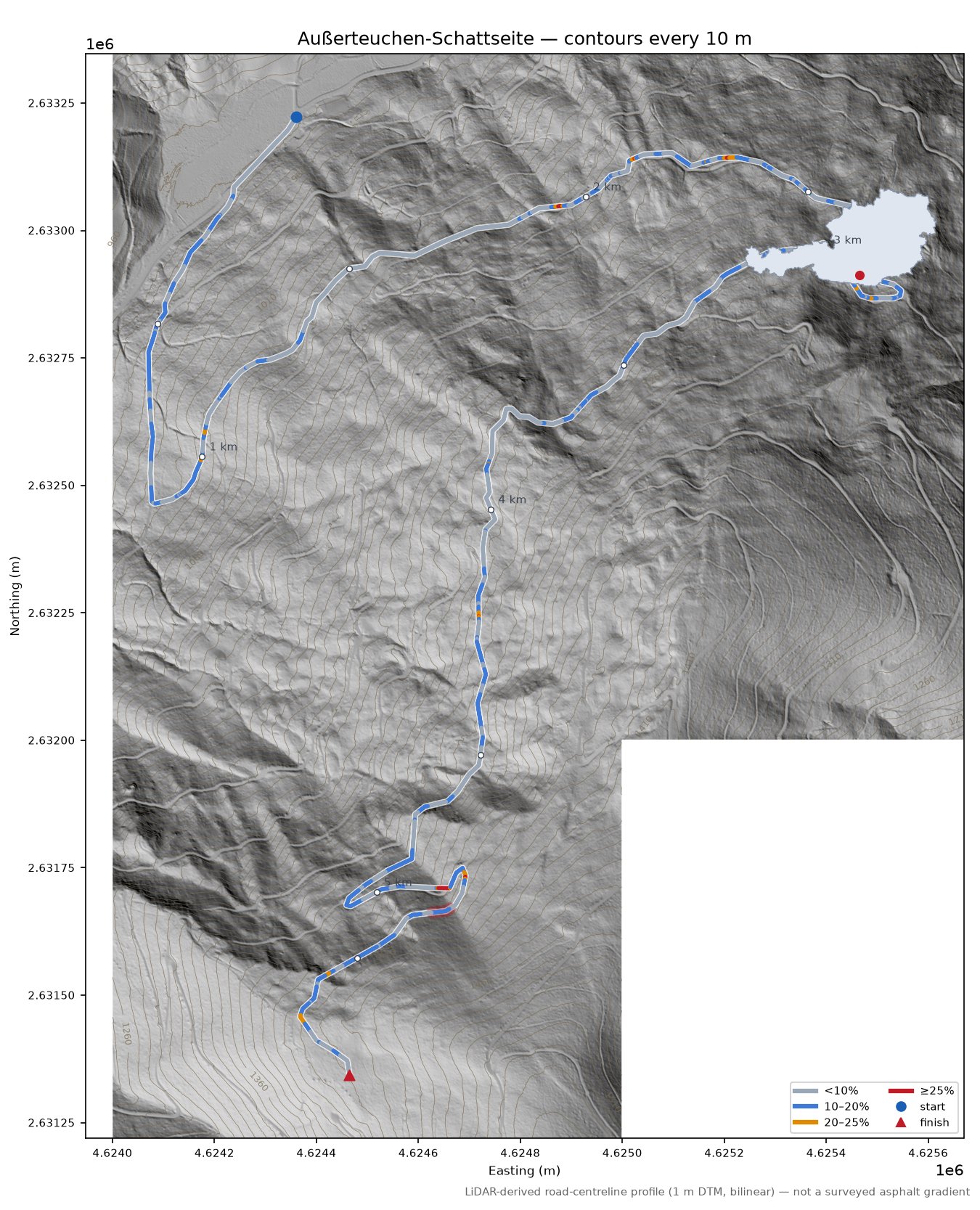 Außerteuchen-Schattseite LiDAR hillshade map with contours