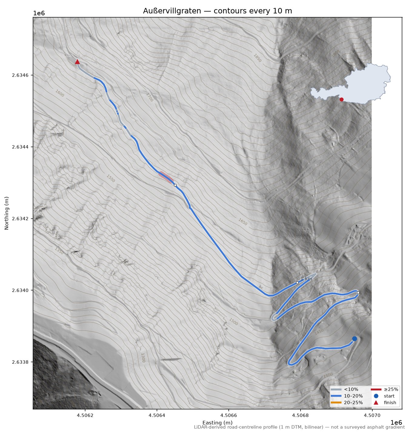 Außervillgraten LiDAR hillshade map with contours