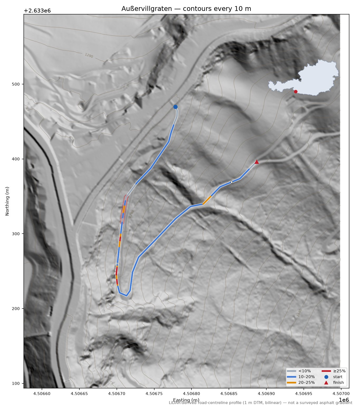 Außervillgraten LiDAR hillshade map with contours