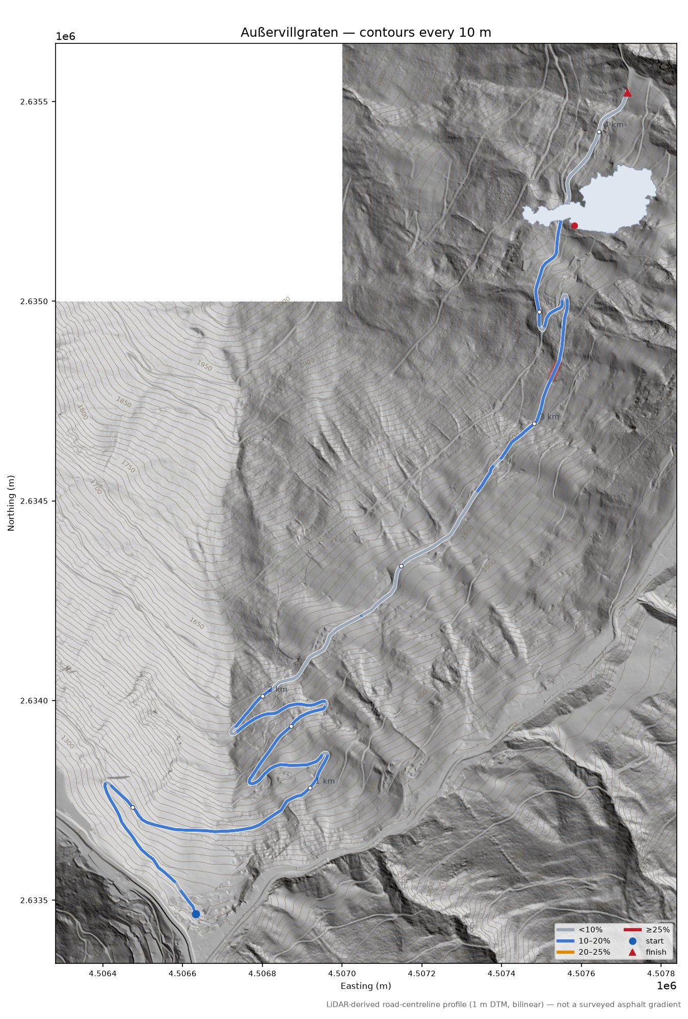 Außervillgraten LiDAR hillshade map with contours