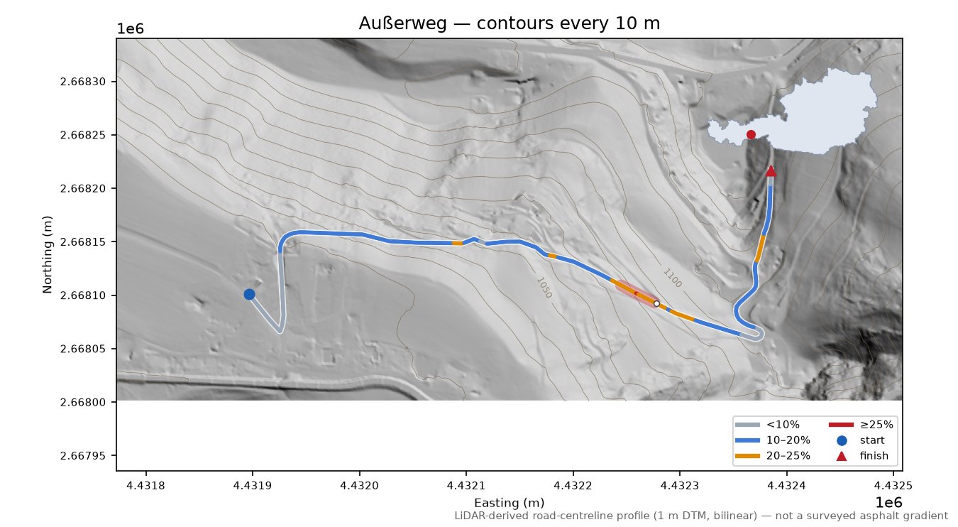 Außerweg LiDAR hillshade map with contours
