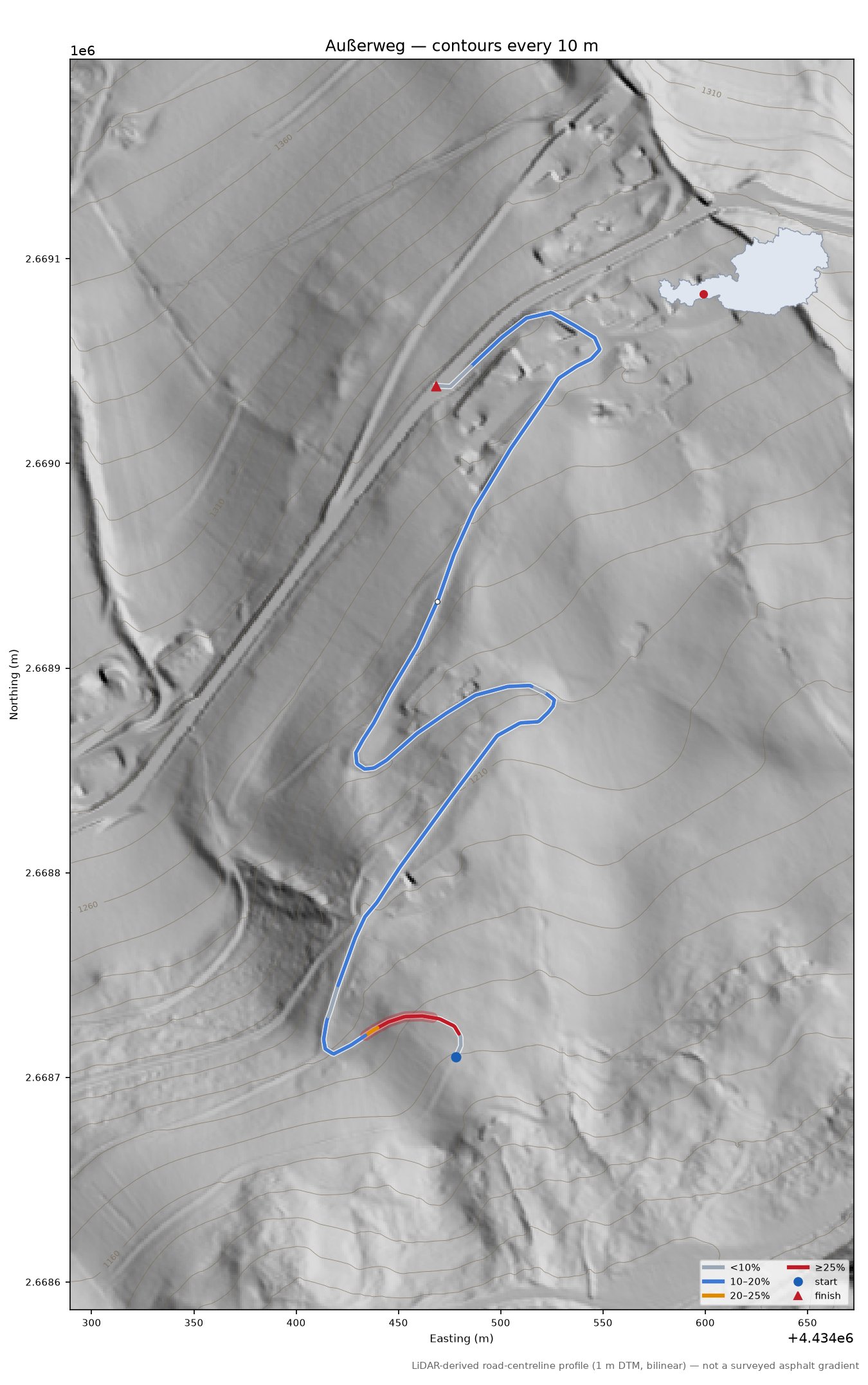 Außerweg LiDAR hillshade map with contours