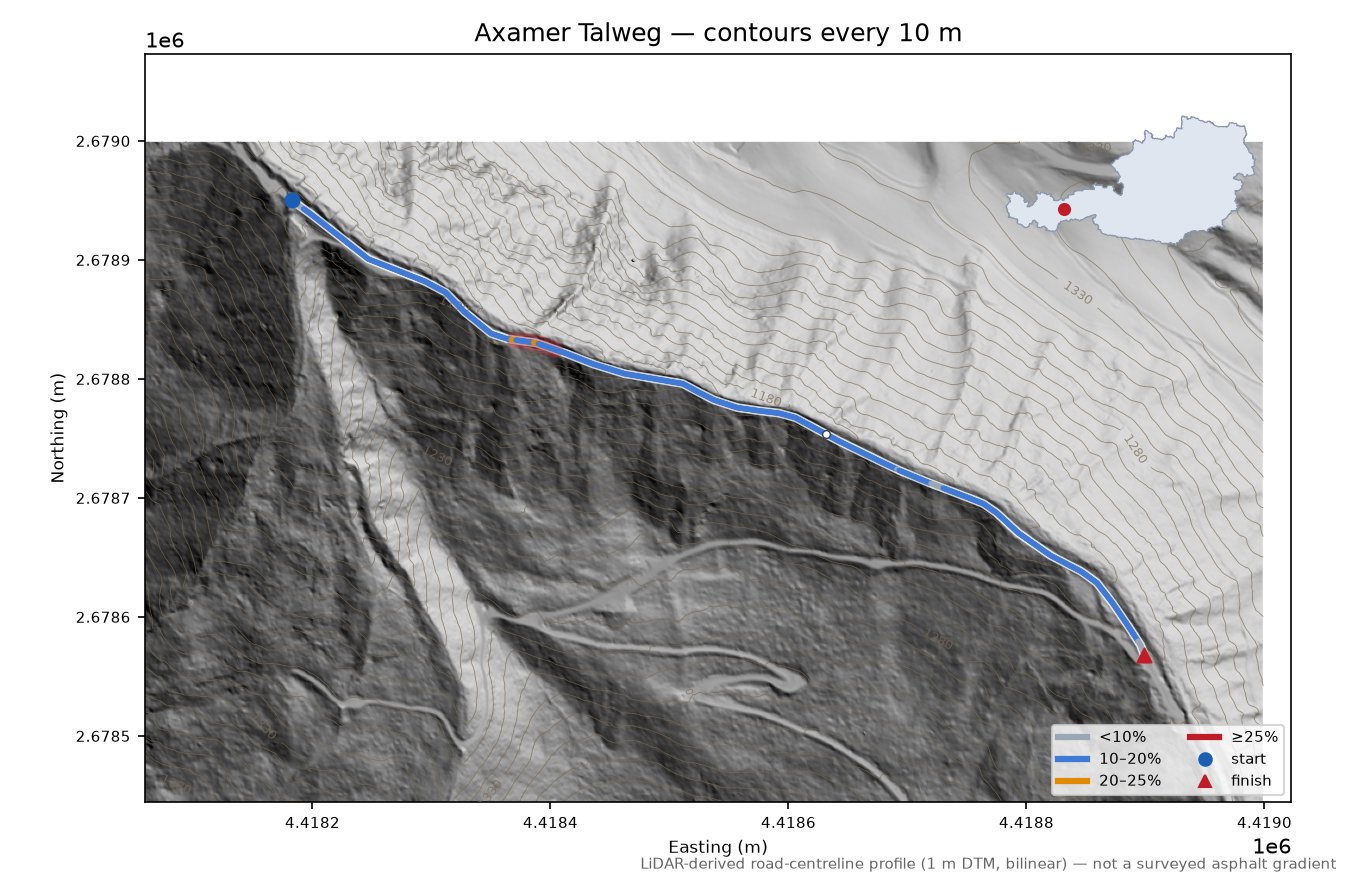 Axamer Talweg LiDAR hillshade map with contours
